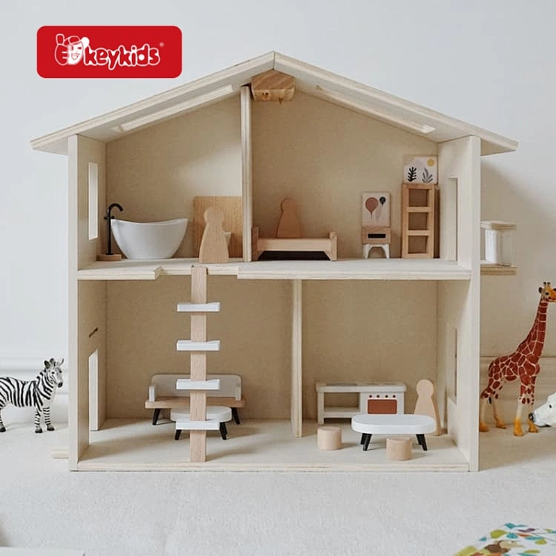2026 New Modern Minimalist Wooden Dollhouse, 2-Story Open Play Doll House with Nordic Style Furniture Set for Kids W06A722